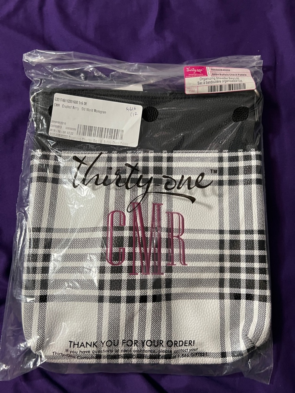 thirty-one Black and White Plaid Crossbody with Pink Monogram